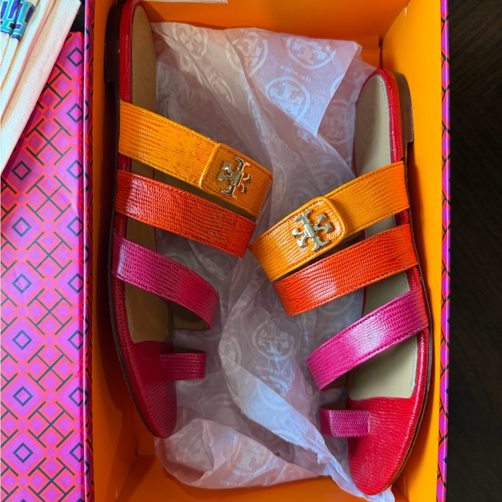 Tory Burch Kira Bright Orange, Hot Pink & Red Lizard-Textured Slide Sandals
